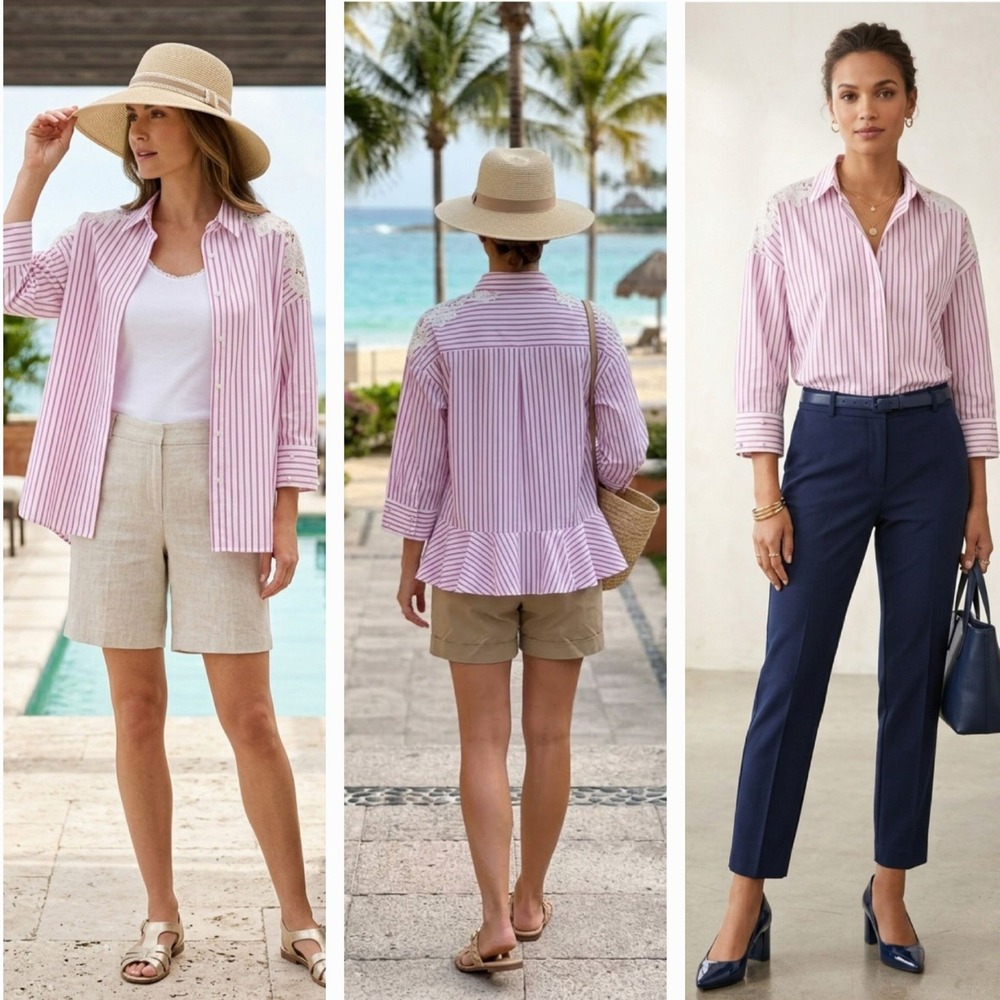 Coco Colette Striped Button Down Lace Pearl Peplum Hem Coastal Office Preppy SzS